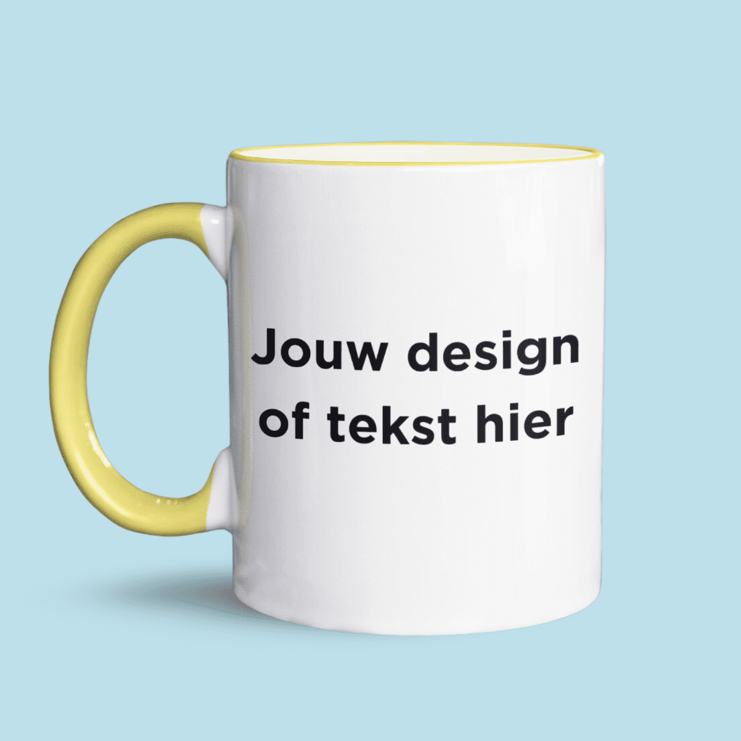 Eigen design mok randje en oortje geel nietmokken.nl met tekst