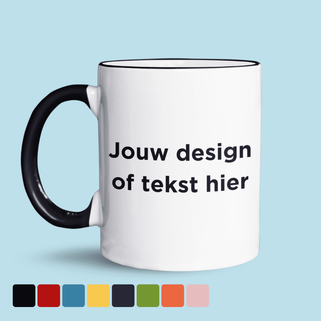 Eigen design mok randje en oortje zwart nietmokken.nl met tekst met kleurvakjes