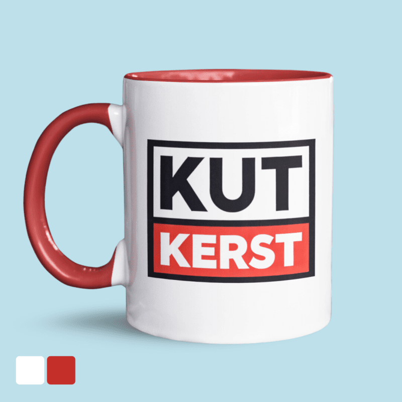 NietMokken.nl kerstmok met grappige tekst 'Kut Kerst' als cadeau voor de feestdagen rood